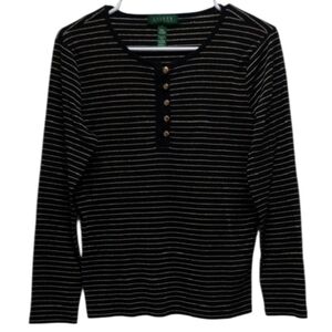 Lauren Ralph Lauren Black/Gold  Stripe Women's  Long Sleeve Shirt //Size L